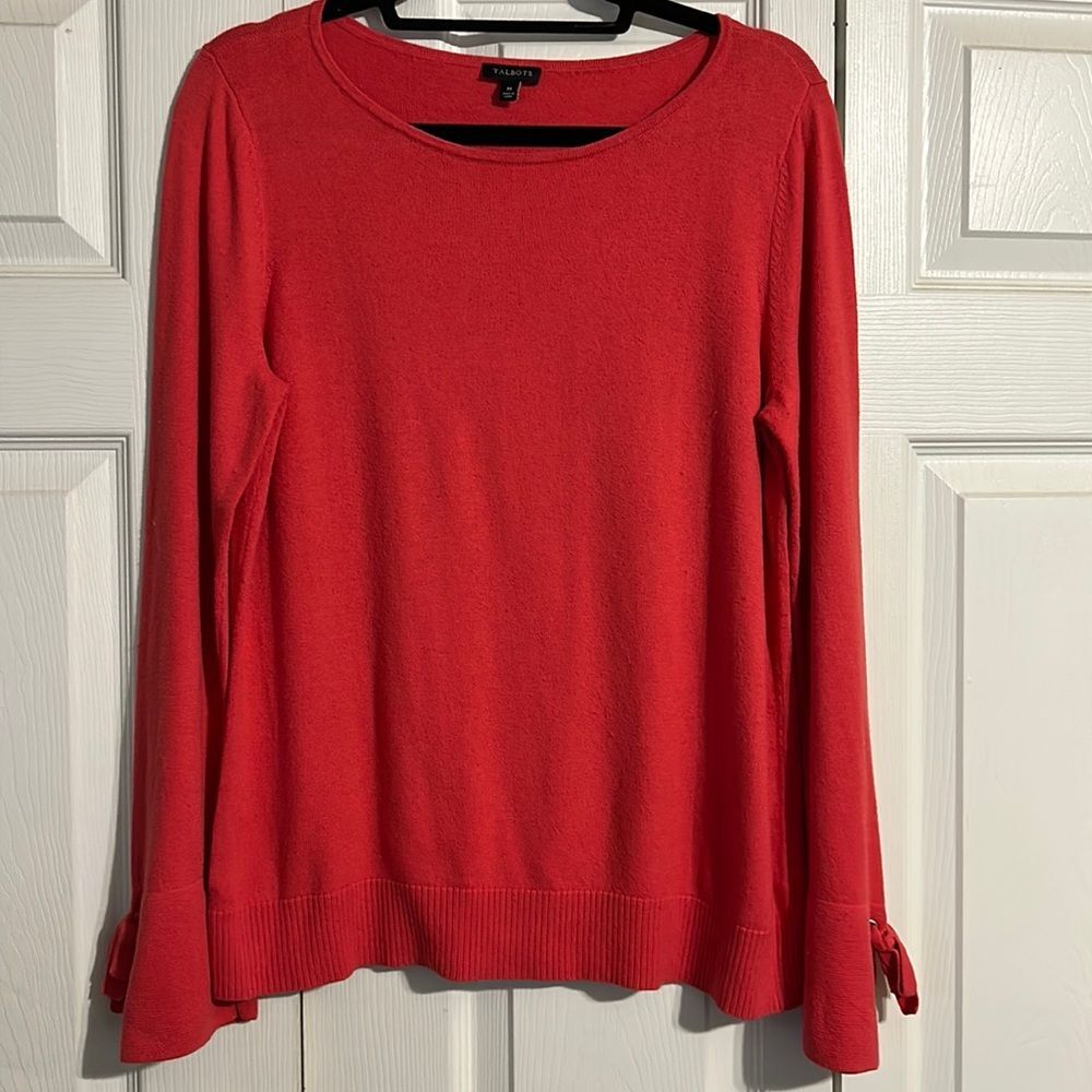 TALBOTS Size Medium Pink Coral Cashmere Blend Crewneck Sweater Split Bell Cuffs